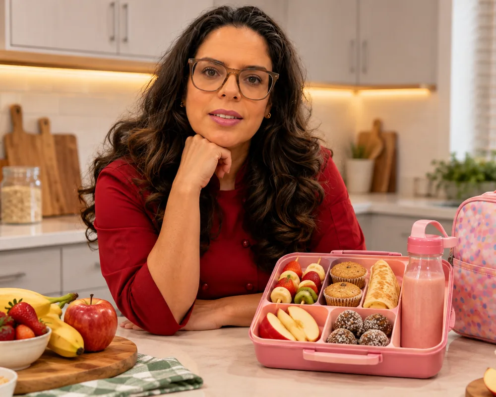 Karla Crespo ao lado de uma lancheira organizada com frutas e lanches